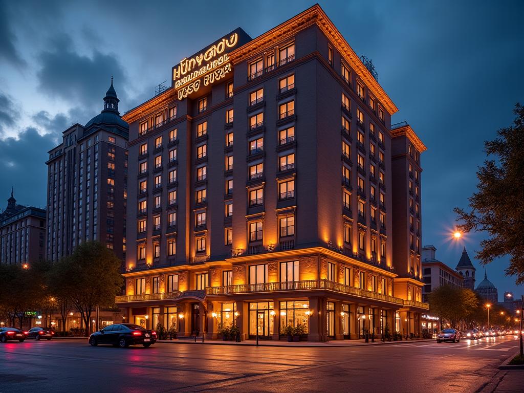 The elegant facade of The Mayfair Boutique Hotel at dusk, illuminated warmly.