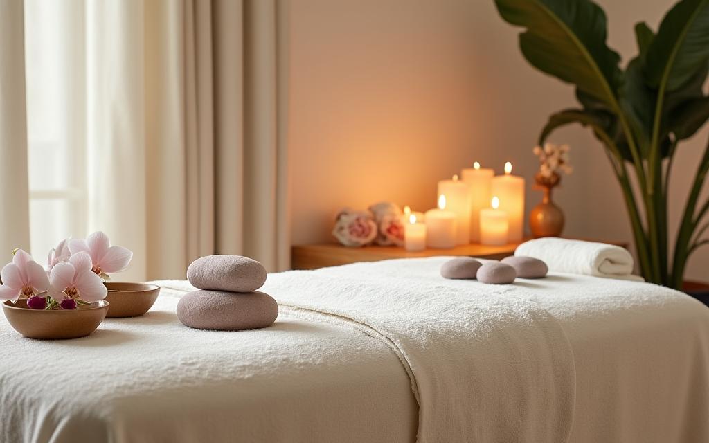 A tranquil and serene spa treatment room with soft lighting.
